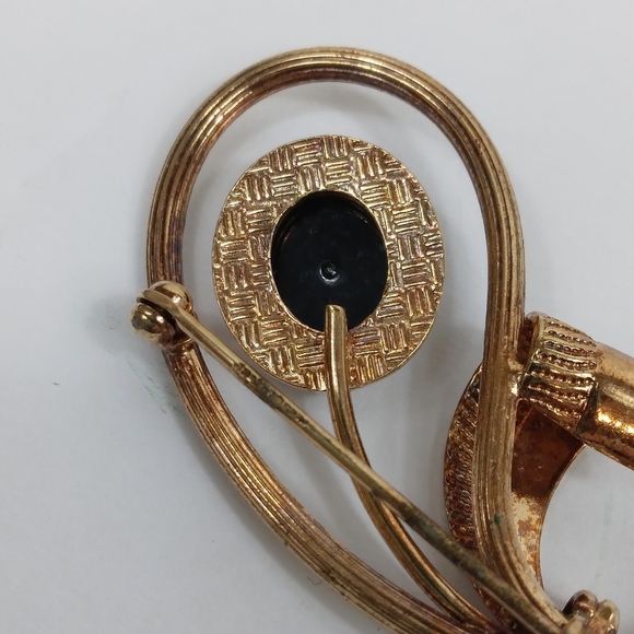 Unsigned Designer Black Glass 14K GF Clear Rhinestone Flower Brooch Vintage - Picture 7 of 7